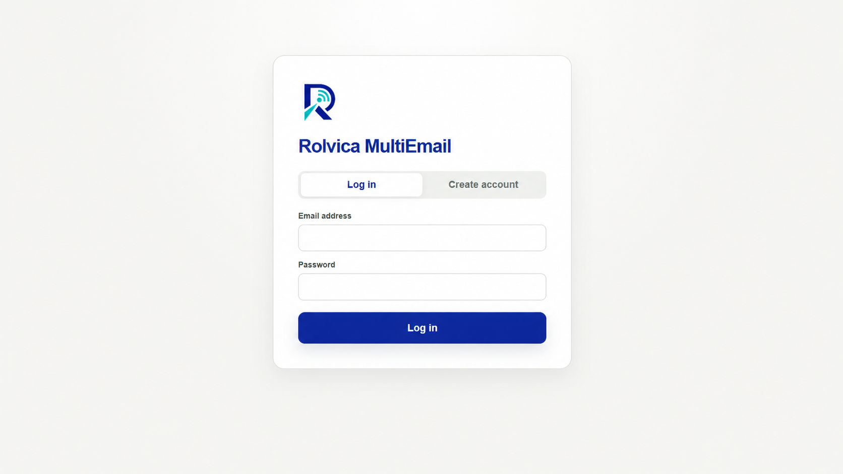 Rolvica MultiEmail login and account creation screen.