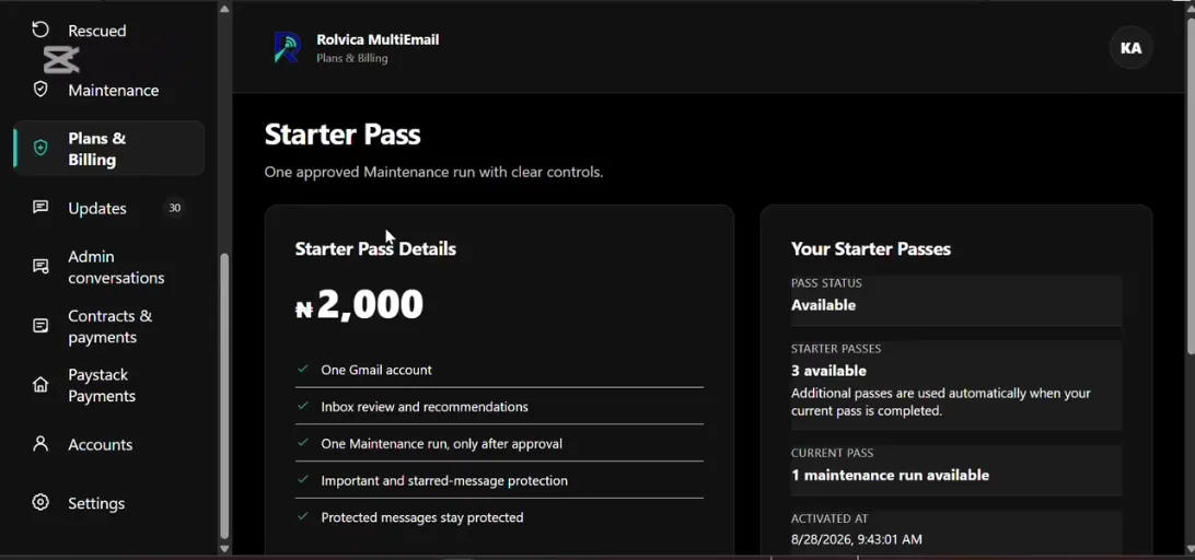 Rolvica MultiEmail interface preview showing multi-account workspace with privacy protections